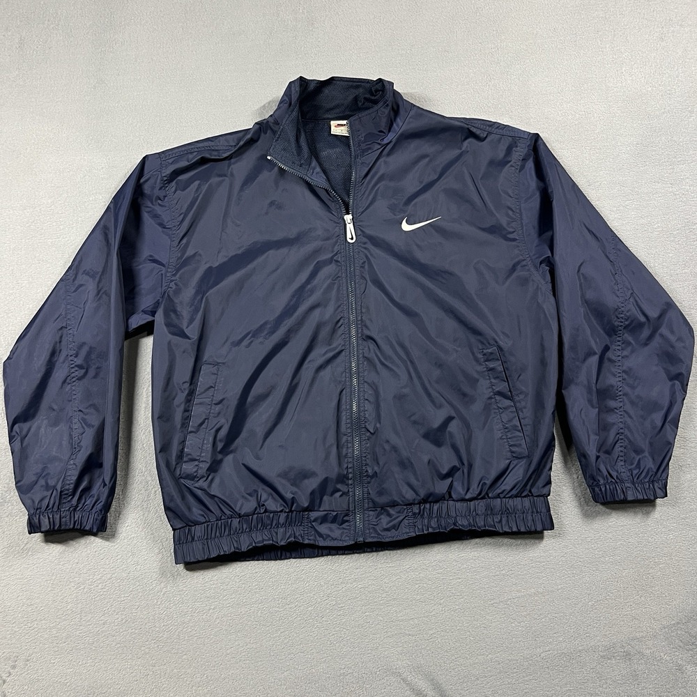 VTG Nike Jacket Mens L Blue 90s Full Zip Windbreaker Back Zip Pocket Y2K